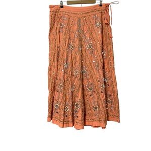 Baba Clothing Coral Pink Embroidered Sequin Maxi Skirt One Size Artsy Eclectic